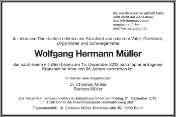 Traueranzeige von Wolfgang Hermann Müller von Tagesspiegel