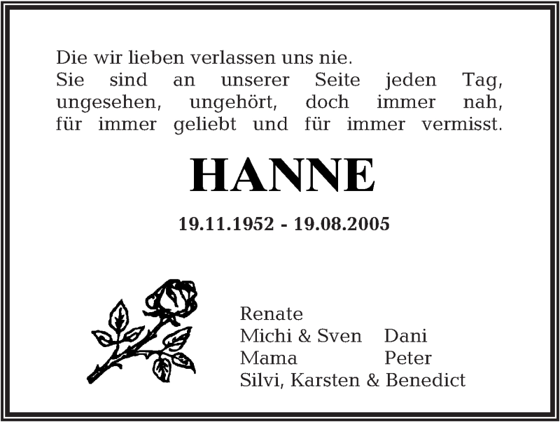  Traueranzeige für Hanne  vom 19.08.2013 aus Tagesspiegel