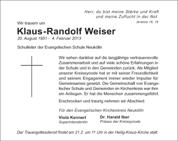 Traueranzeige von Klaus-Randolf Weiser von Tagesspiegel