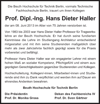 Traueranzeige von Hans Dieter Haller von Tagesspiegel