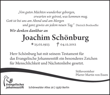 Traueranzeige von Joachim Schönburg von Tagesspiegel