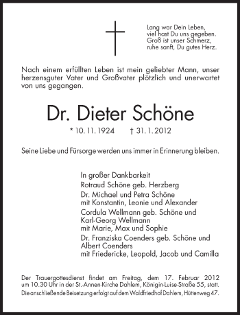 Traueranzeige von Dieter Schöne von Tagesspiegel