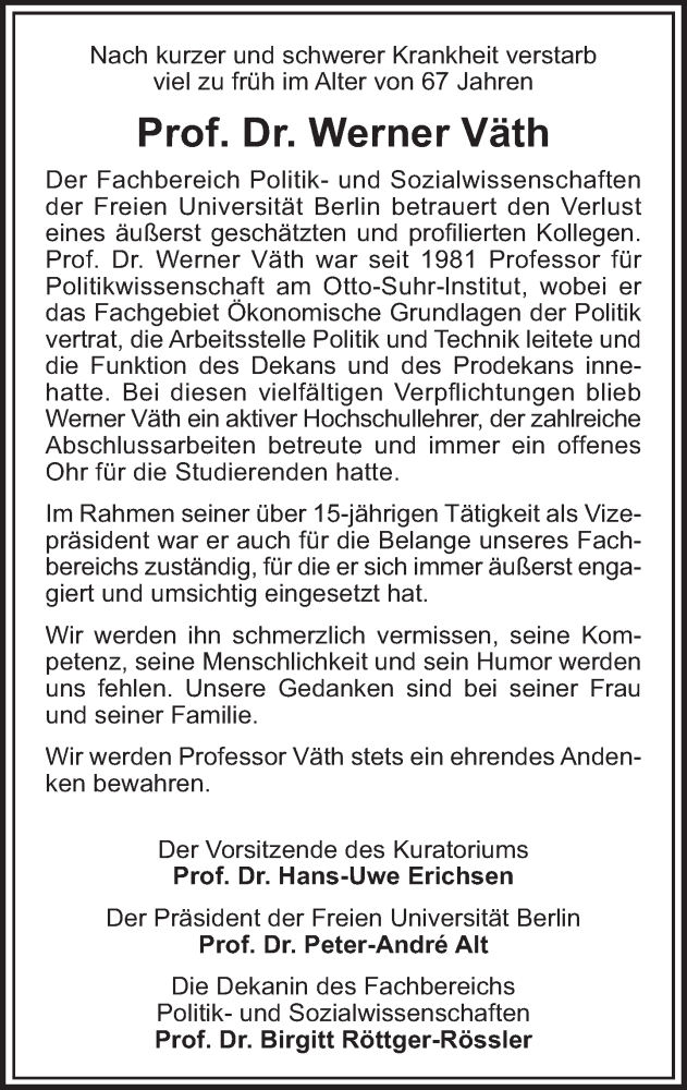  Traueranzeige für Werner Väth vom 25.11.2012 aus Tagesspiegel