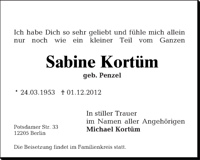  Traueranzeige für Sabine Kortüm vom 09.12.2012 aus Tagesspiegel