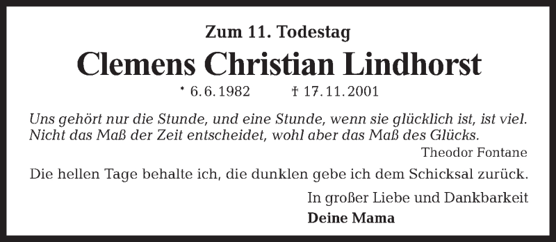  Traueranzeige für Clemens Christian Lindhorst vom 17.11.2012 aus Tagesspiegel