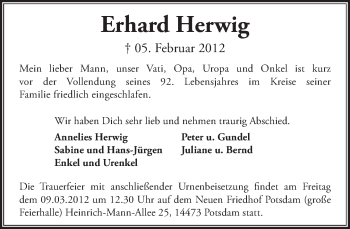 Traueranzeige von Erhard Herwig von Tagesspiegel
