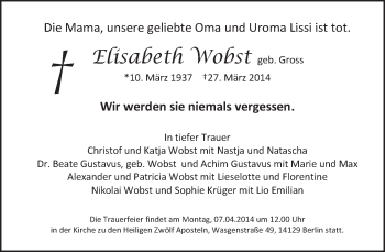 Traueranzeige von Elisabeth Wobst von Tagesspiegel