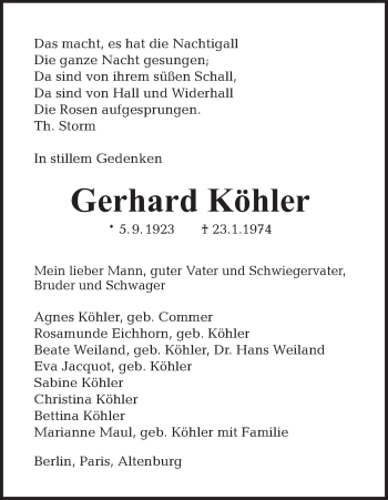 Traueranzeige von Gerhard Köhler von Tagesspiegel