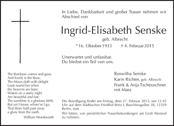 Traueranzeige von Ingrid-Elisabeth Senske von Tagesspiegel