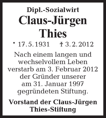 Traueranzeige von Claus-Jürgen Thies von Tagesspiegel