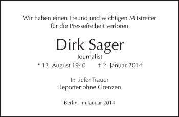 Traueranzeige von Dirk Sager von Tagesspiegel