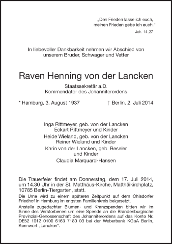 Traueranzeige von Raven Henning von der Lancken von Tagesspiegel