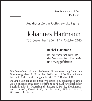 Traueranzeige von Johannes Hartmann von Tagesspiegel