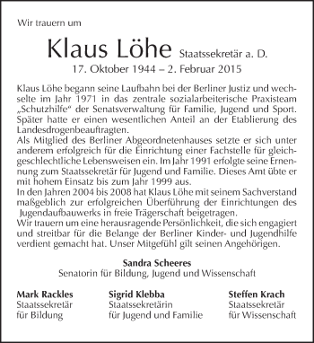 Traueranzeige von Klaus Löhe von Tagesspiegel