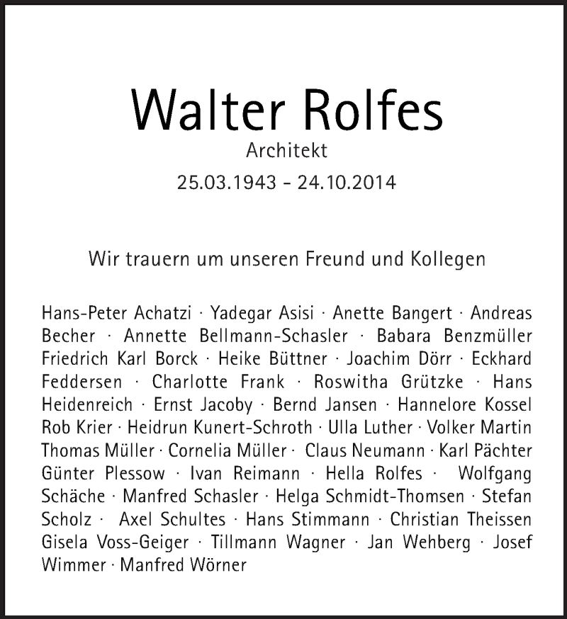  Traueranzeige für Walter Rolfes vom 09.11.2014 aus Tagesspiegel