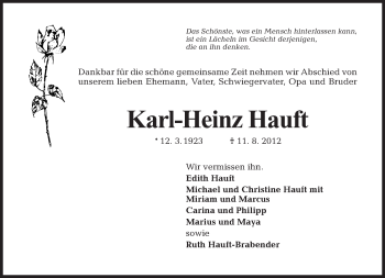 Traueranzeige von Karl-Heinz Hauft von Tagesspiegel