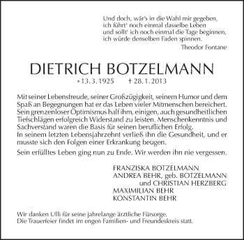 Traueranzeige von Dietrich Botzelmann von Tagesspiegel