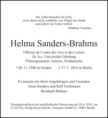 Traueranzeige von Helma Sanders-Brahms von Tagesspiegel