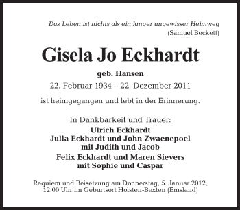 Traueranzeige von Gisela Jo Eckhardt von Tagesspiegel