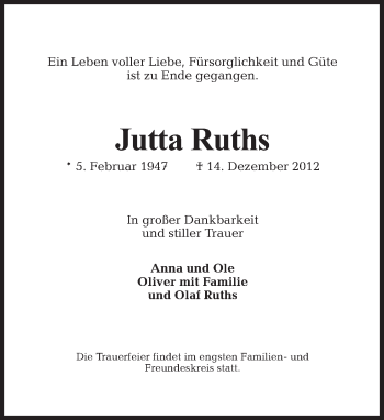 Traueranzeige von Jutta Ruths von Tagesspiegel