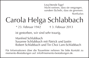Traueranzeige von Carola Helga Schlabbach von Tagesspiegel