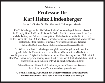 Traueranzeige von Karl Heinz Lindenberger von Tagesspiegel