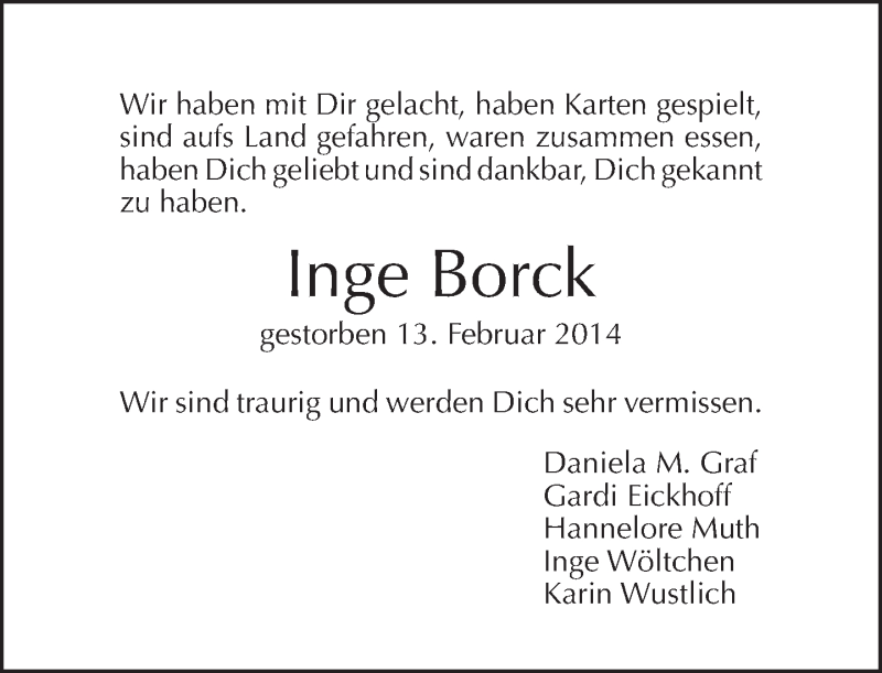  Traueranzeige für Inge Borck vom 16.02.2014 aus Tagesspiegel