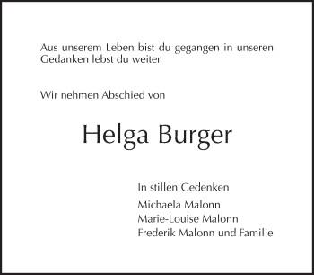 Traueranzeige von Helga Burger von Tagesspiegel