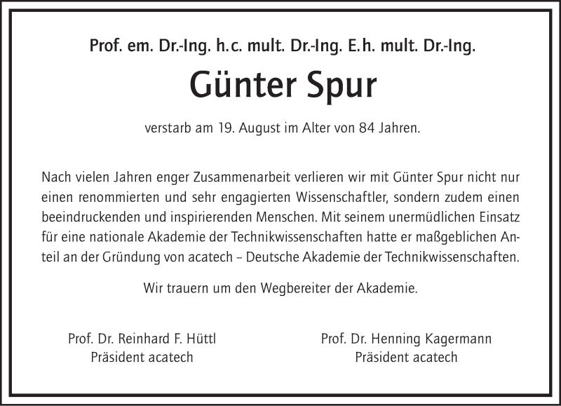  Traueranzeige für Günter Spur vom 29.08.2013 aus Tagesspiegel