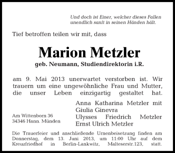 Traueranzeige von Marion Metzler von Tagesspiegel