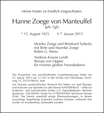 Traueranzeige von Hanne Zoege von Manteuffel von Tagesspiegel