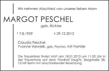 Traueranzeige von Margot Peschel von Tagesspiegel