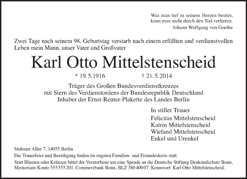  Traueranzeige für Karl Otto Mittelstenscheid vom 28.05.2014 aus Tagesspiegel