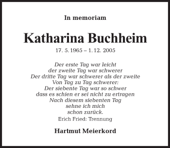 Traueranzeige von Katharina Buchheim von Tagesspiegel