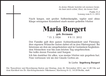 Traueranzeige von Maria Burgert von Tagesspiegel