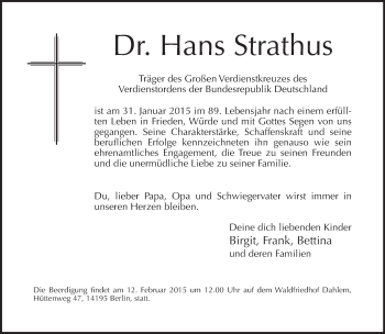 Traueranzeige von Hans Strathus von Tagesspiegel
