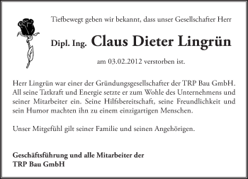 Traueranzeige von Claus Dieter Lingrün von Tagesspiegel