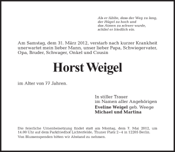 Traueranzeige von Horst Weigel von Tagesspiegel