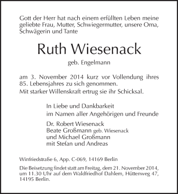 Traueranzeige von Ruth Wiesenack von Tagesspiegel