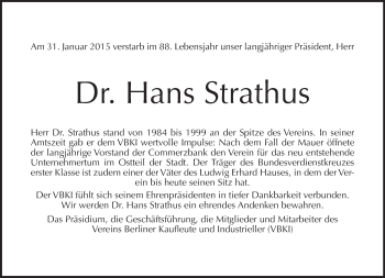 Traueranzeige von Hans Strathus von Tagesspiegel