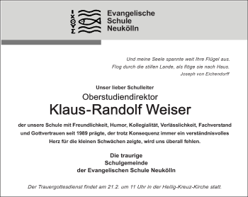 Traueranzeige von Klaus-Randolf Weiser von Tagesspiegel