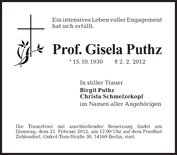 Traueranzeige von Gisela Puthz von Tagesspiegel