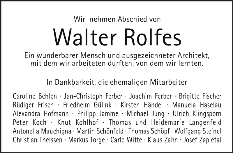  Traueranzeige für Walter Rolfes vom 09.11.2014 aus Tagesspiegel