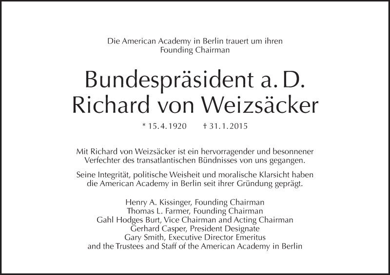  Traueranzeige für Richard von Weizsäcker vom 08.02.2015 aus Tagesspiegel