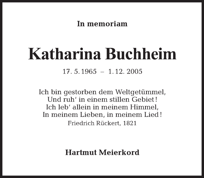  Traueranzeige für Katharina Buchheim vom 04.12.2011 aus Tagesspiegel