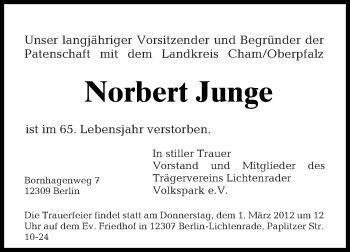 Traueranzeige von Norbert Junge von Tagesspiegel