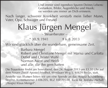 Traueranzeige von Klaus Jürgen Mengel von Tagesspiegel