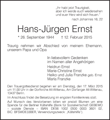 Traueranzeige von Hans-Jürgen Ernst von Tagesspiegel