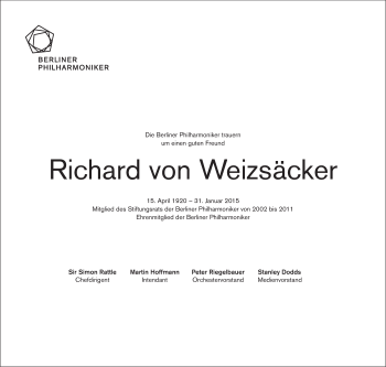 Traueranzeige von Richard von Weizsäcker von Tagesspiegel