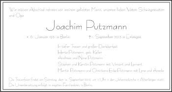 Traueranzeige von Joachim Putzmann von Tagesspiegel